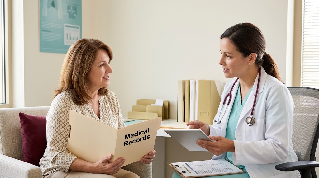 Patient and doctor reviewing organized medical records in a medical office
