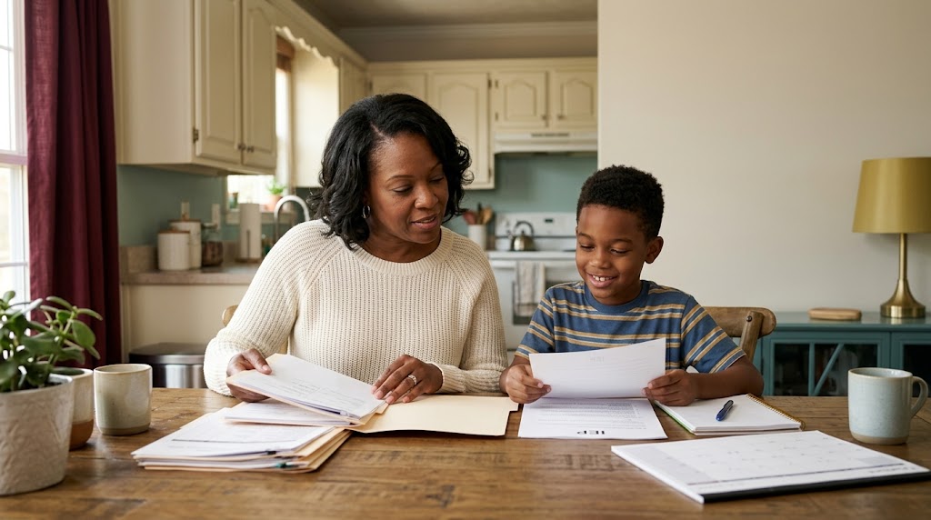 Parent and child organizing medical and school records for a Child SSI application