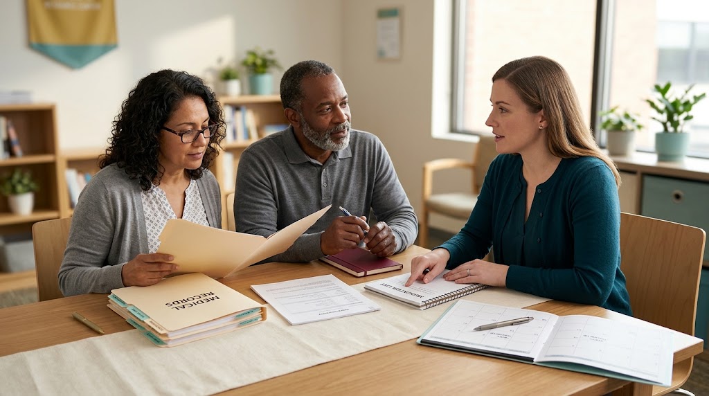 Adults reviewing medical and work records while learning about SSI and SSDI